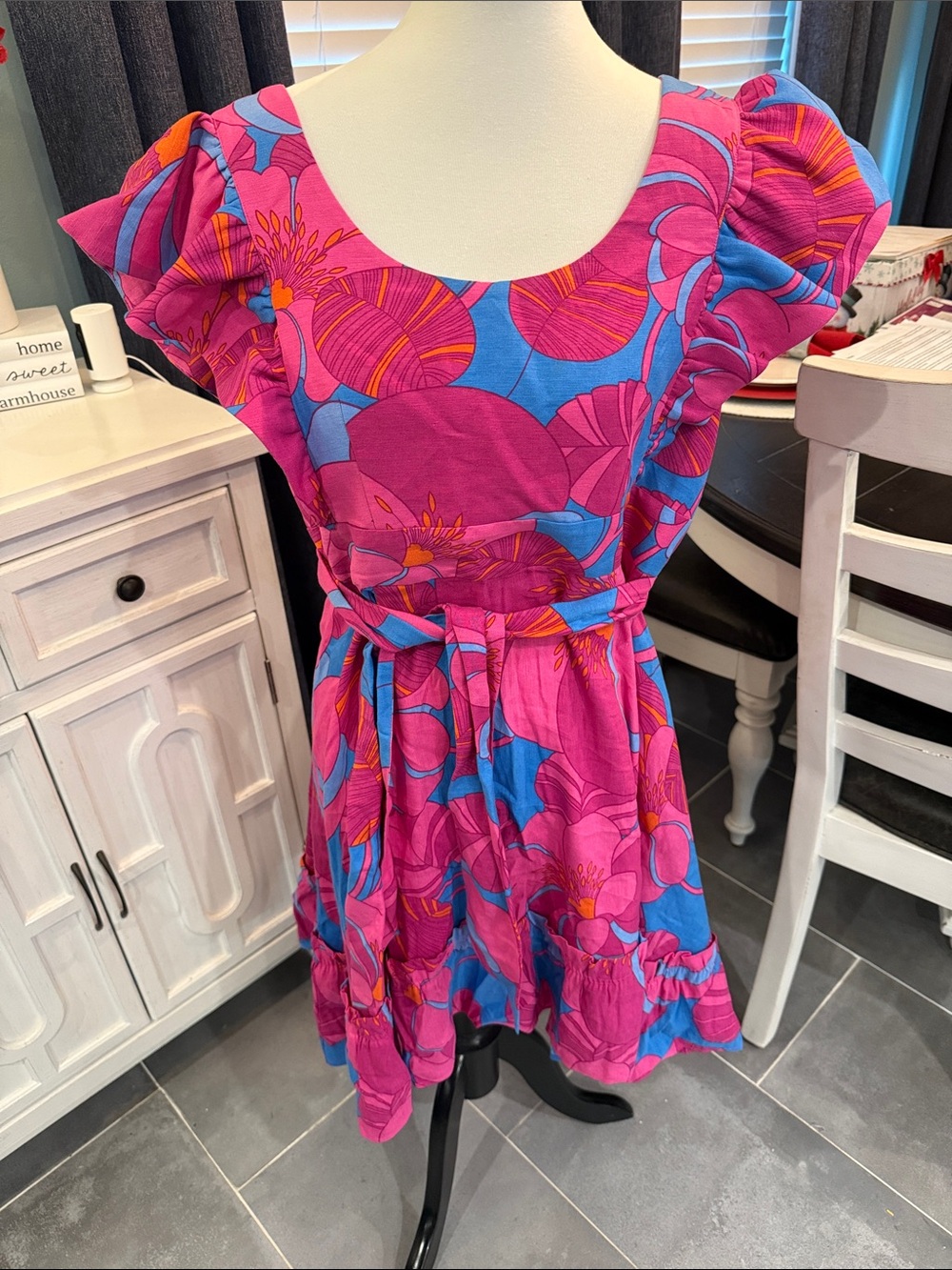 Tuckernuck Pink and Blue Floral Flutter-Sleeve Dress